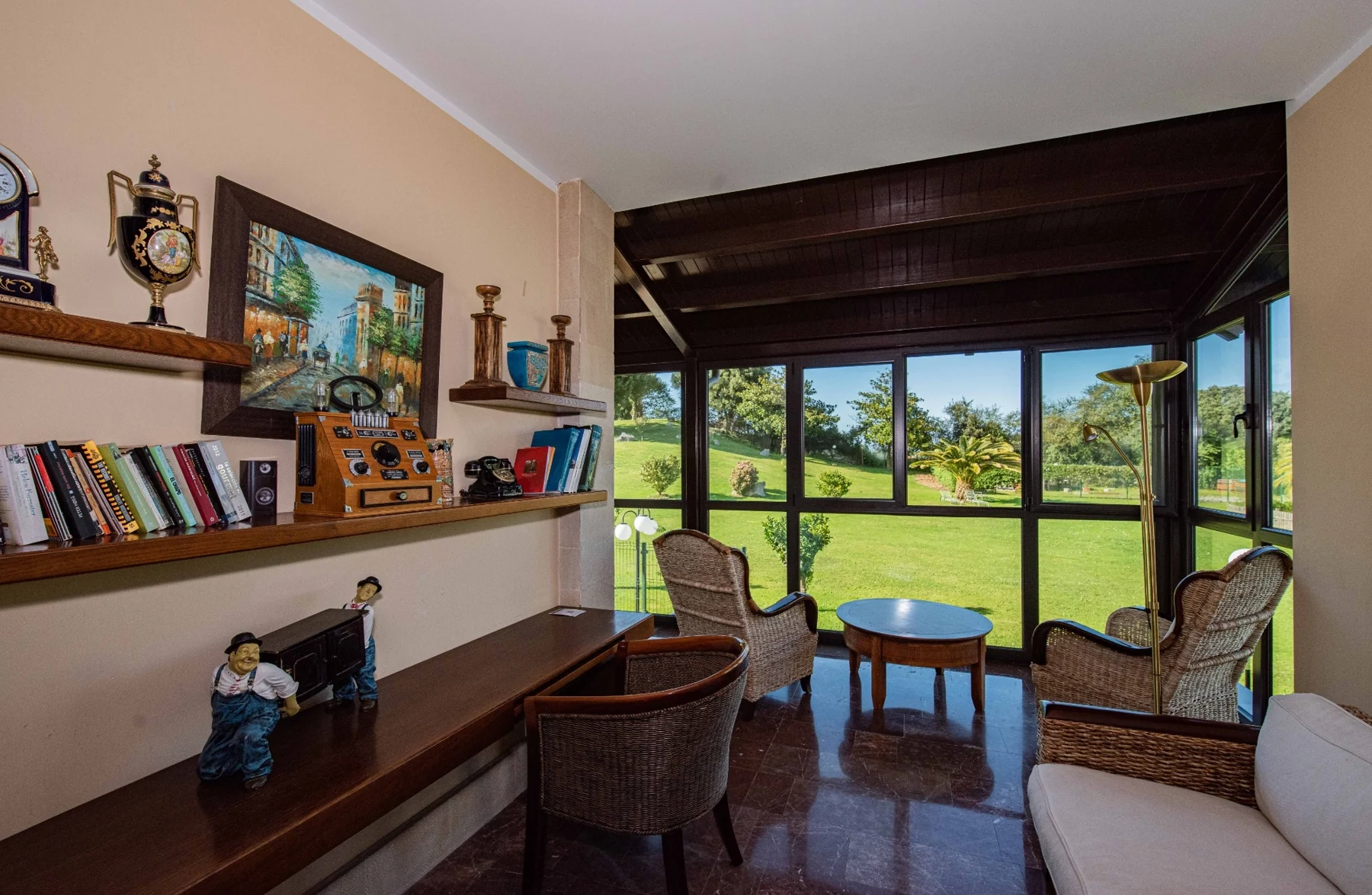 Reading corner with windows overlooking the garden